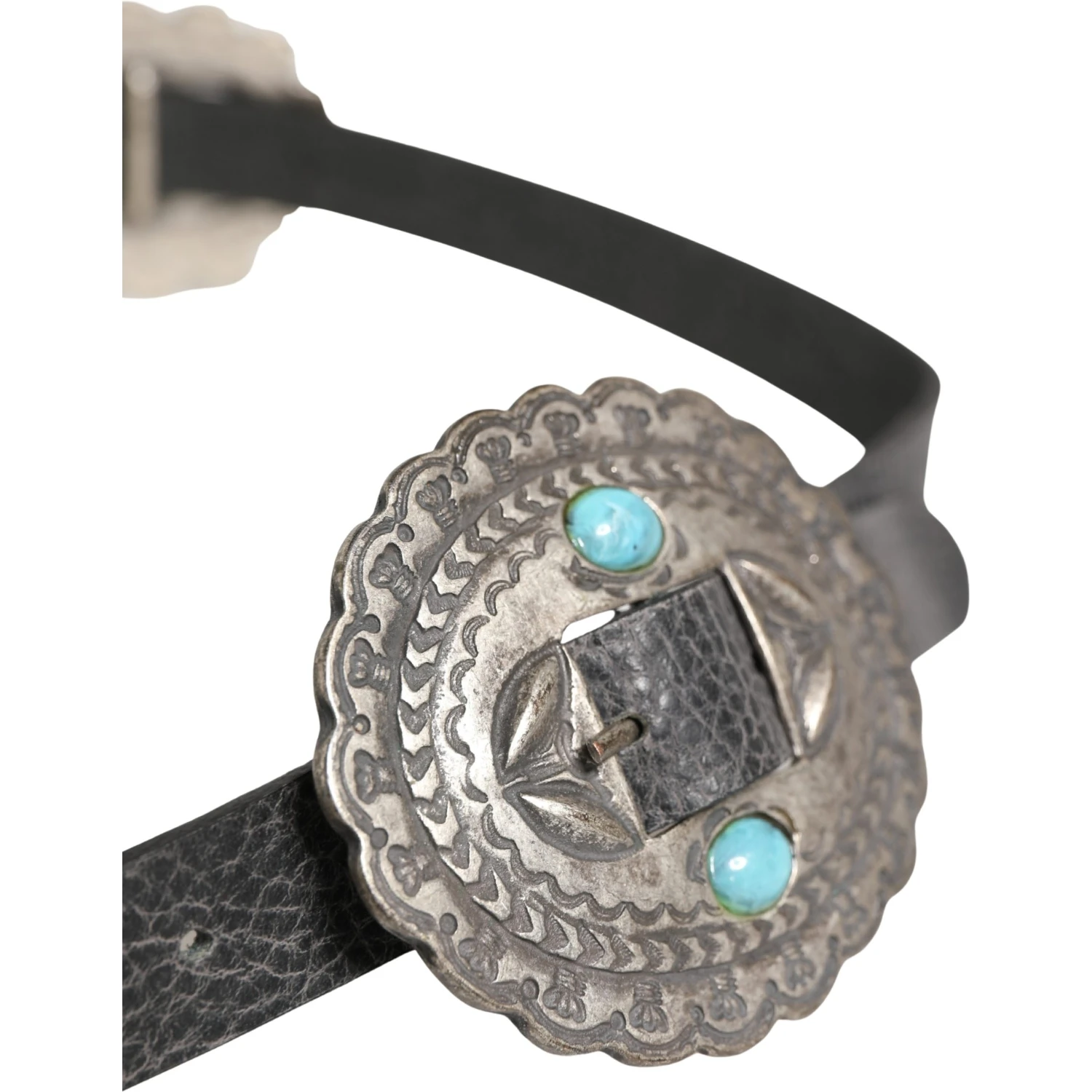 Black Turquoise Leather Embellished Oval Buckle Belt