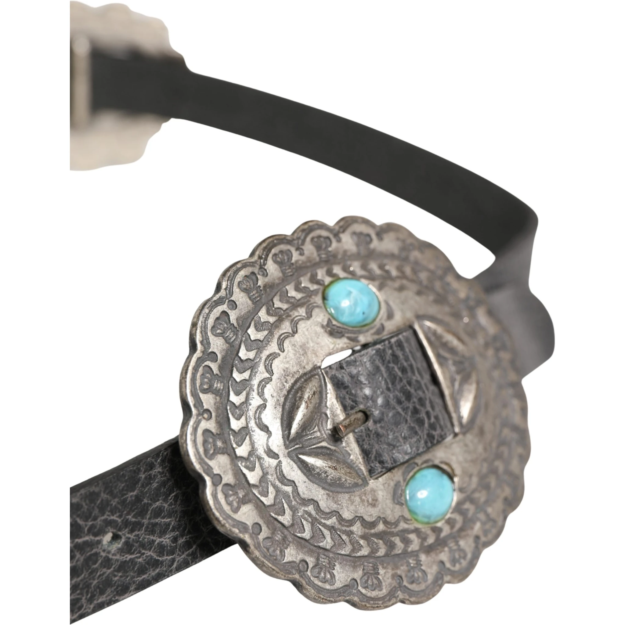 حزام من الجلد الأسود الفيروزي مزين بإبزيم بيضاوي