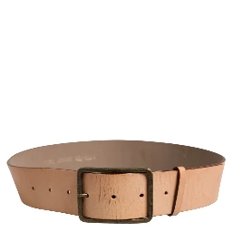 Beige Genuine Leather Wide Waist Metal Buckle Belt