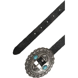 حزام من الجلد الأسود الفيروزي مزين بإبزيم بيضاوي