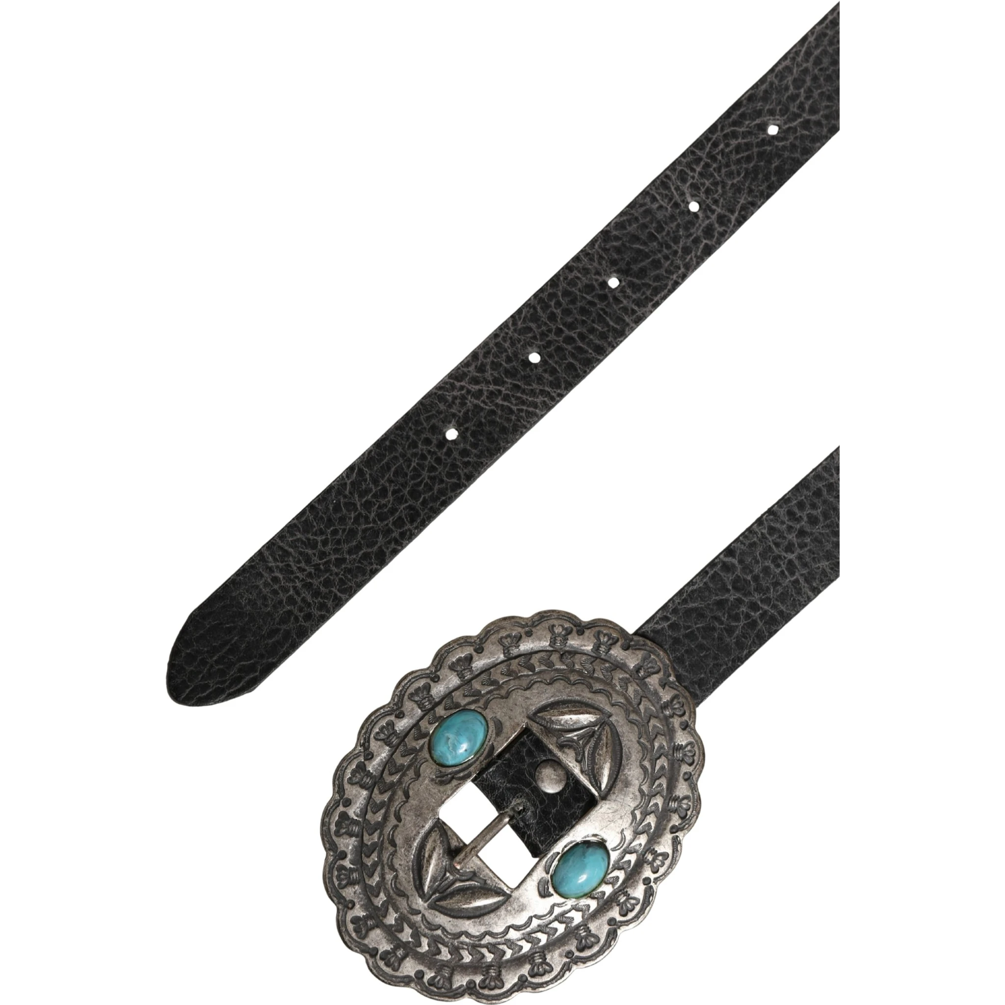حزام من الجلد الأسود الفيروزي مزين بإبزيم بيضاوي