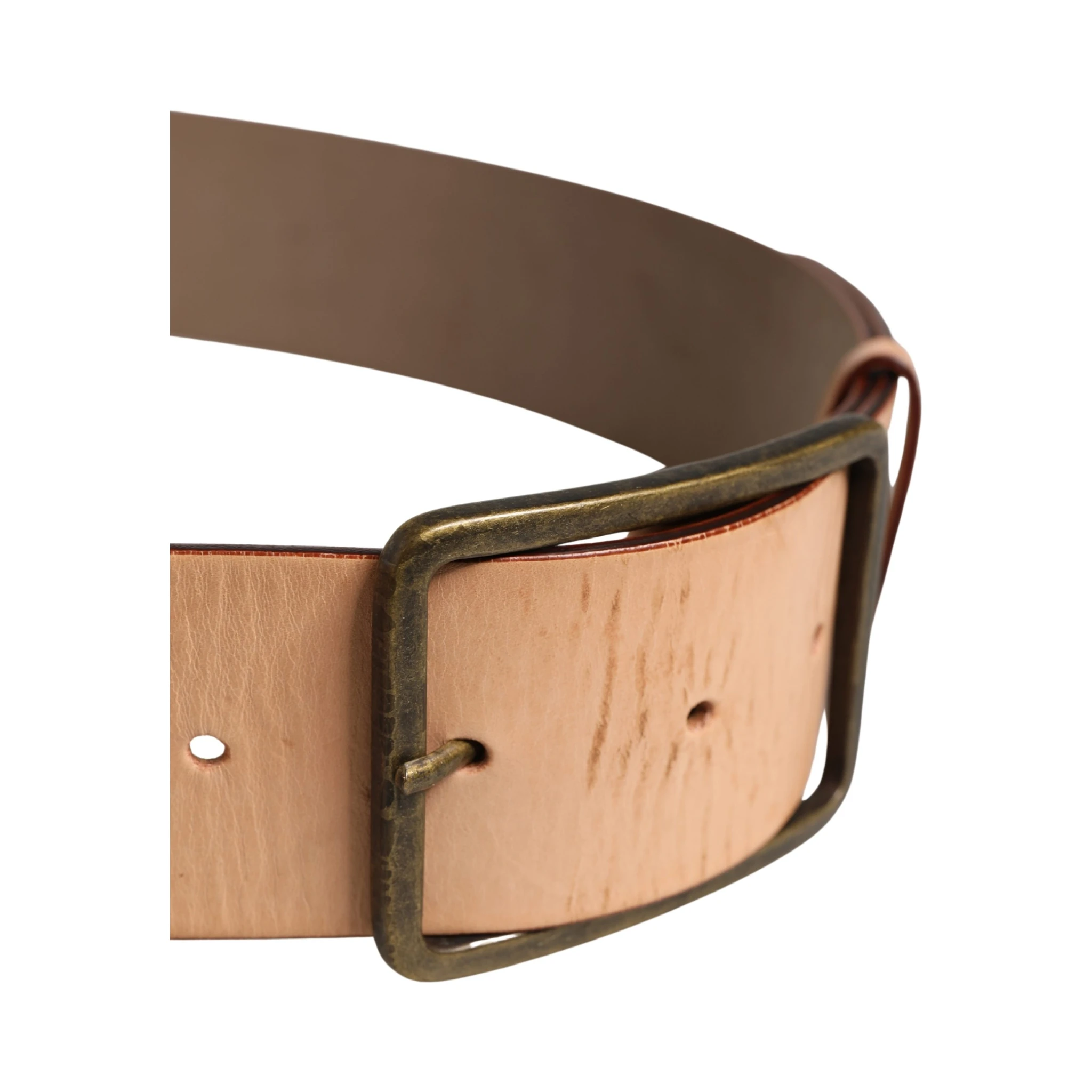 Beige Genuine Leather Wide Waist Metal Buckle Belt