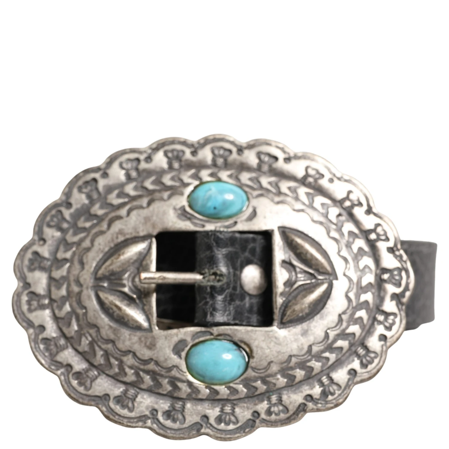 Black Turquoise Leather Embellished Oval Buckle Belt