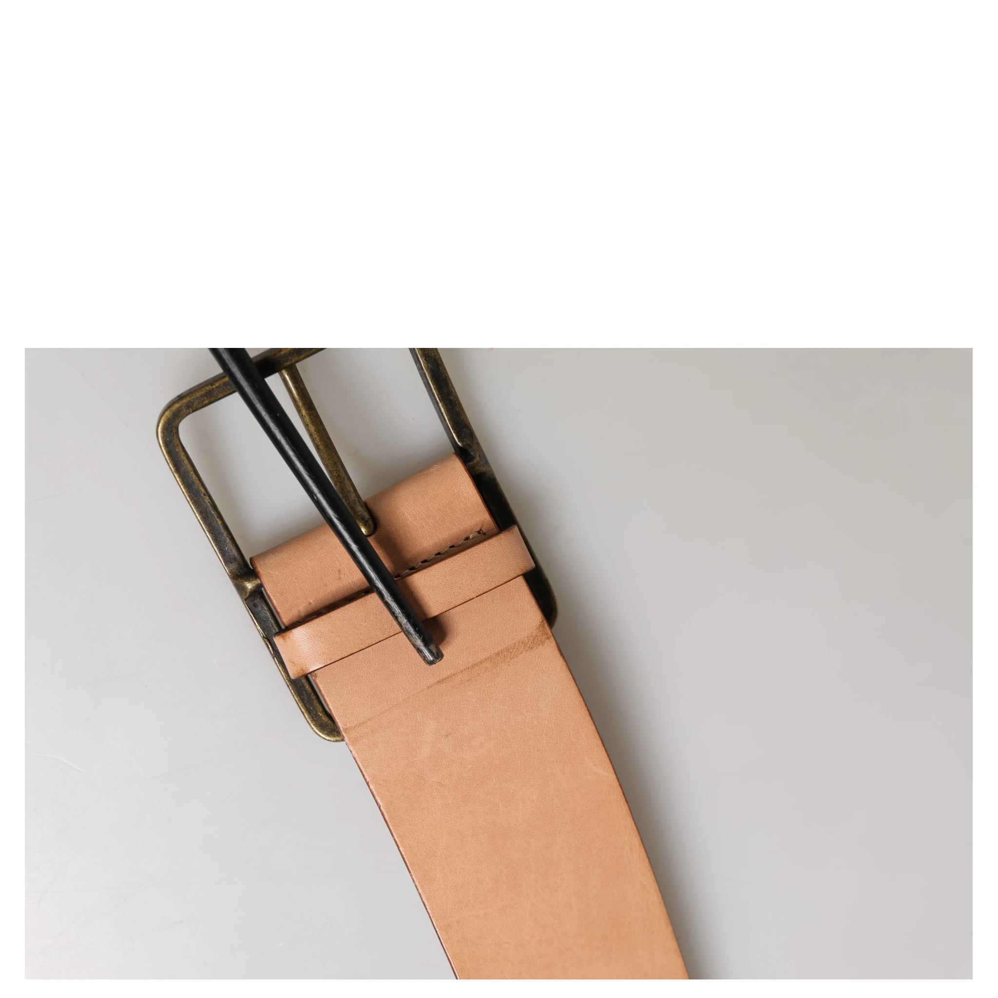Beige Genuine Leather Wide Waist Metal Buckle Belt
