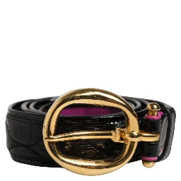 Black Leather Gold Round Buckle Waist Belt