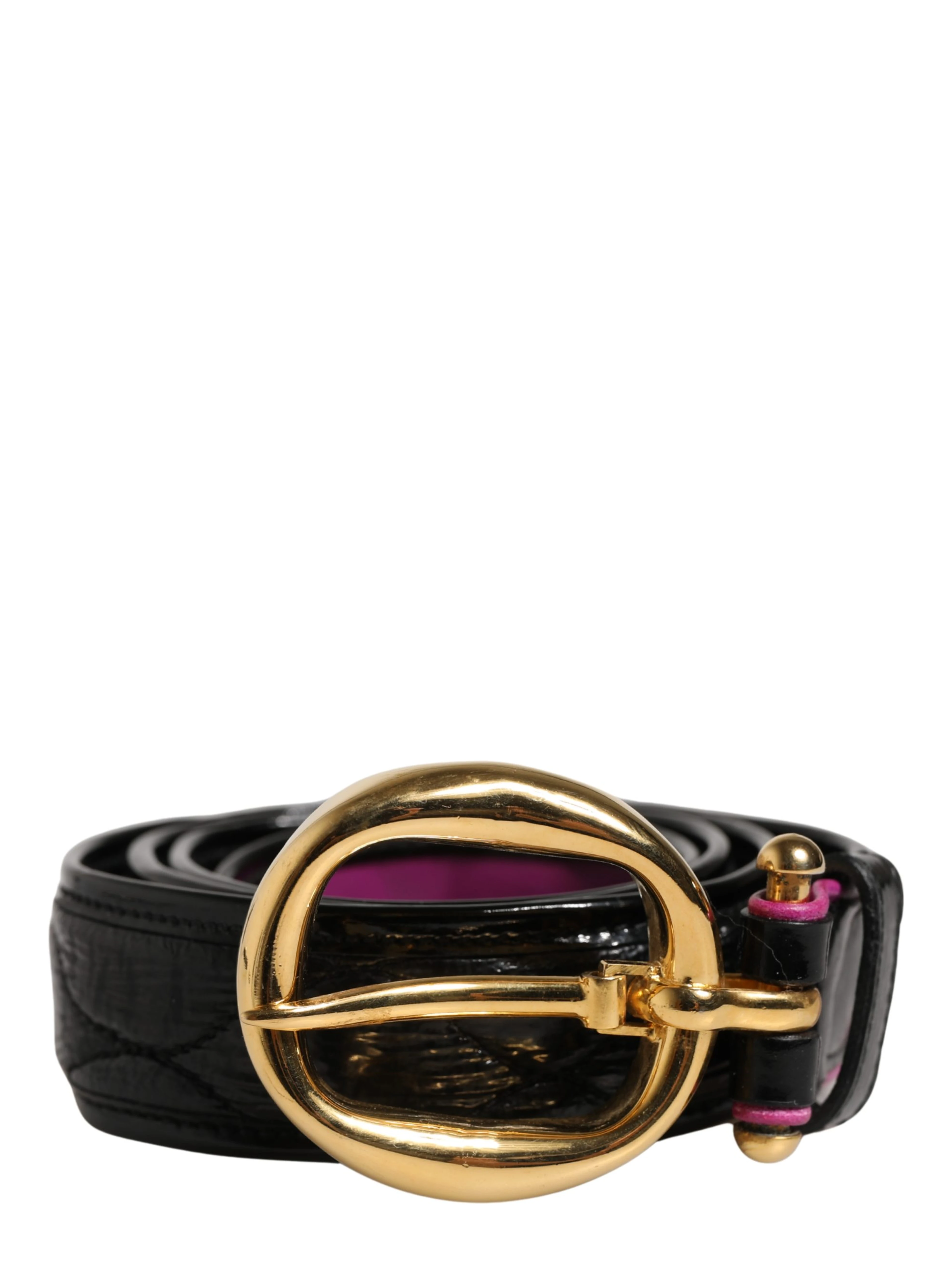 Black Leather Gold Round Buckle Waist Belt