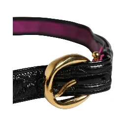 Black Leather Gold Round Buckle Waist Belt