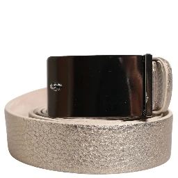 Metallic Beige Leather Silver Metal Buckle Belt