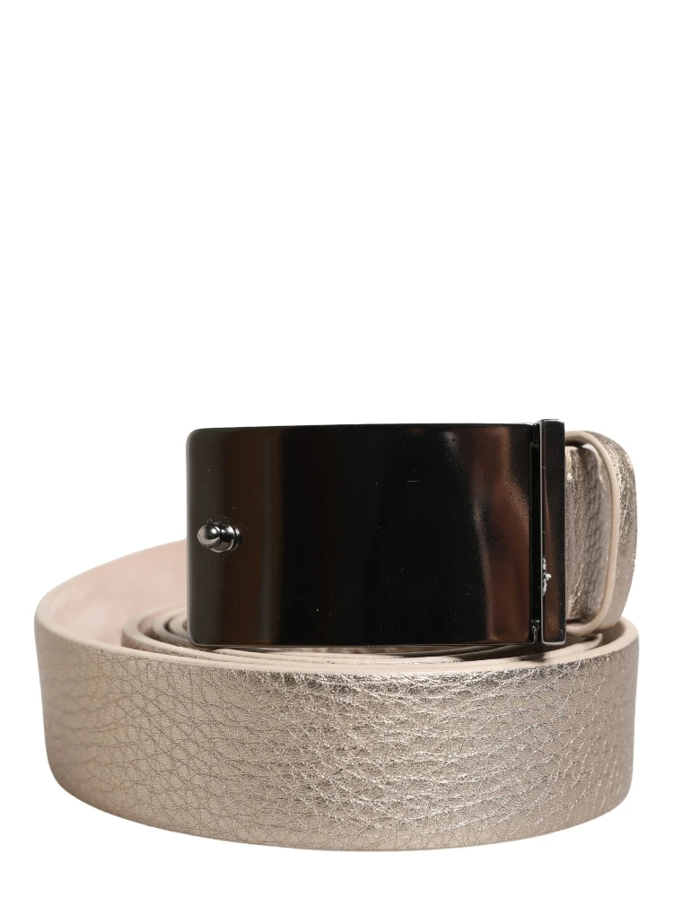 Metallic Beige Leather Silver Metal Buckle Belt