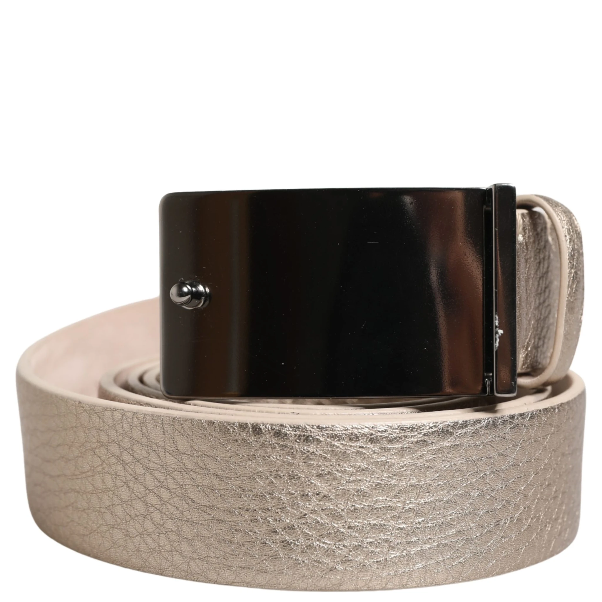 Metallic Beige Leather Silver Metal Buckle Belt