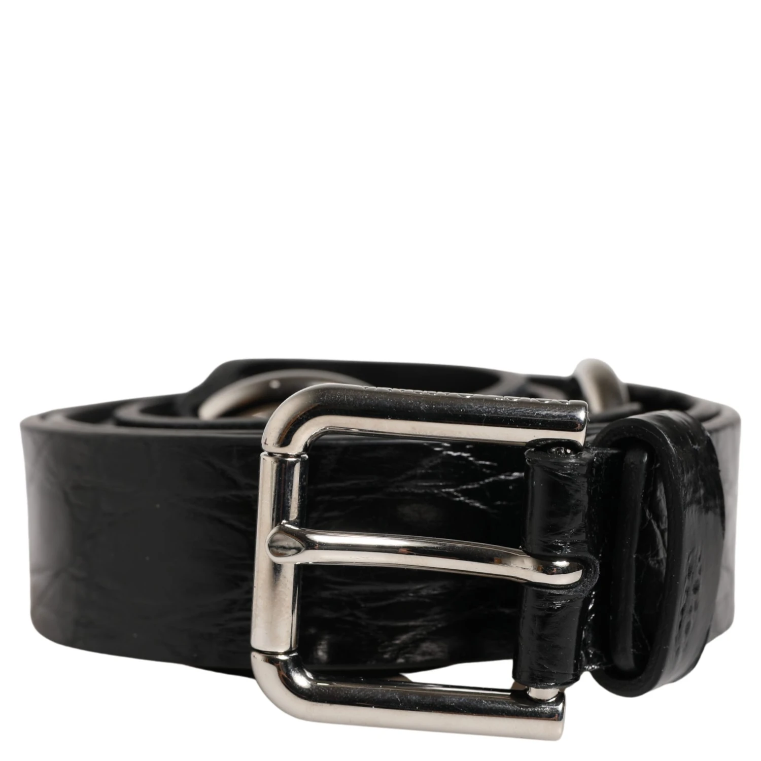 Black Exotic Leather Silver Metal Buckle Belt