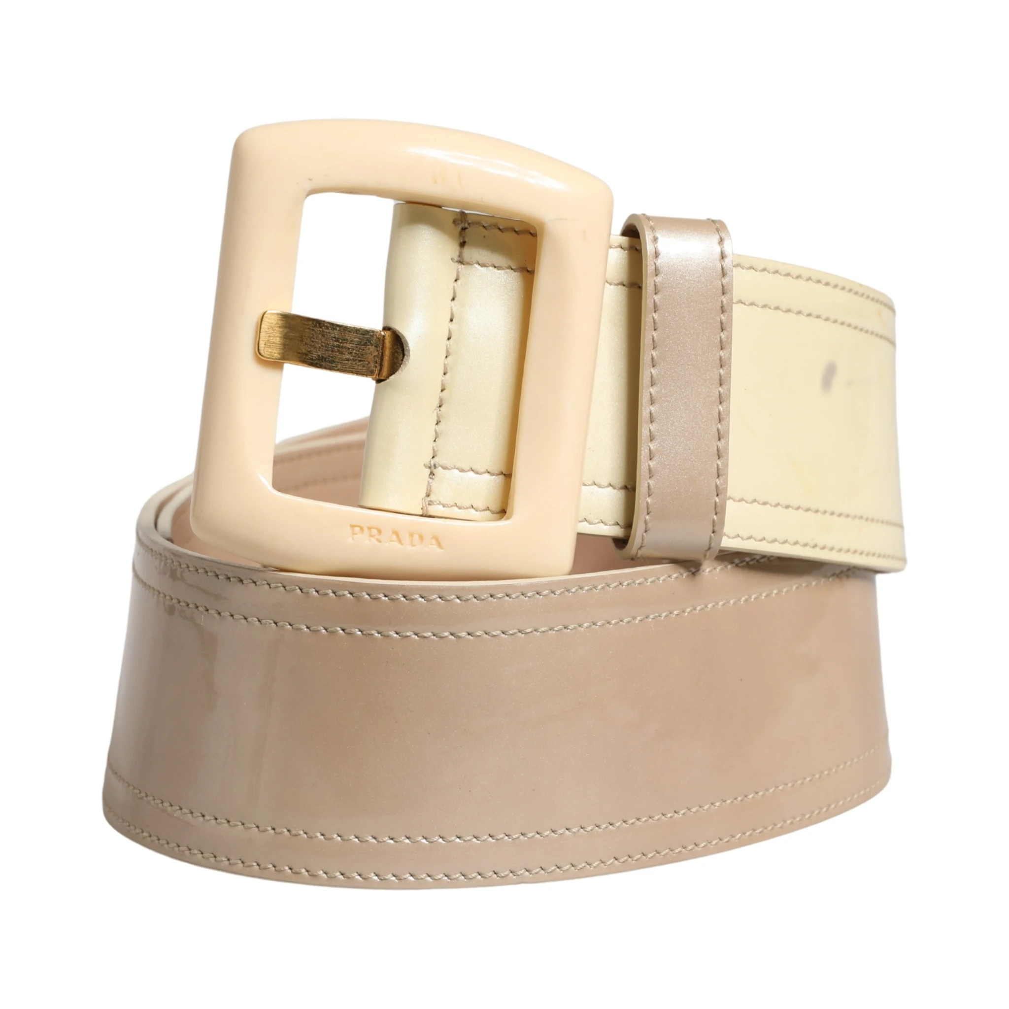 Beige Leather Logo Wide Waist Women Square Buckle Belt