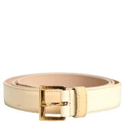 Beige Leather Logo Waist Women Gold Metal Buckle Belt