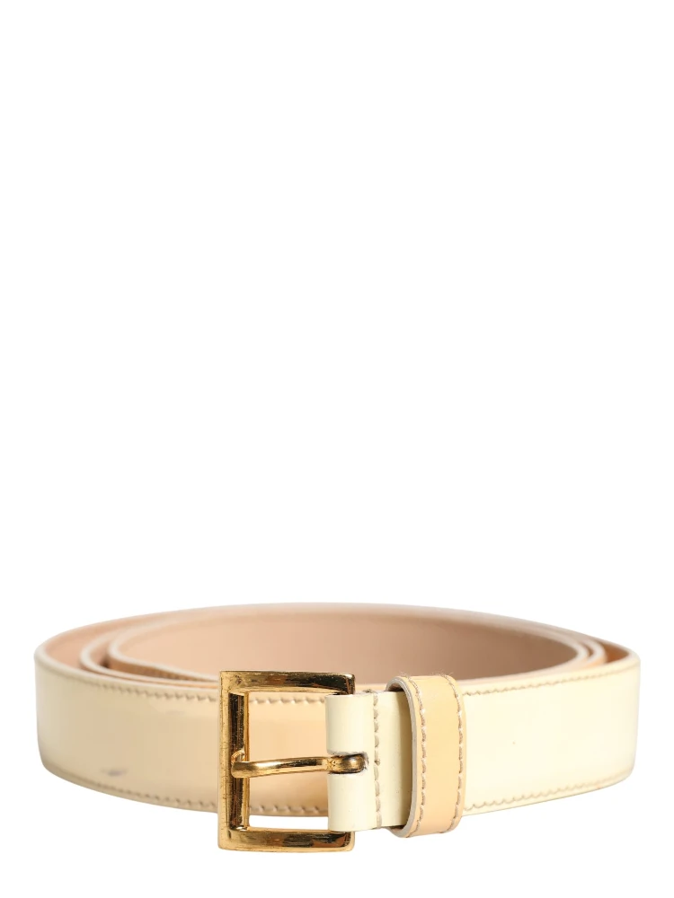 Beige Leather Logo Waist Women Gold Metal Buckle Belt