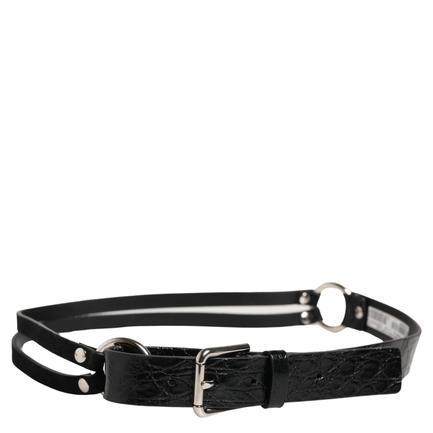 Black Exotic Leather Silver Metal Buckle Belt