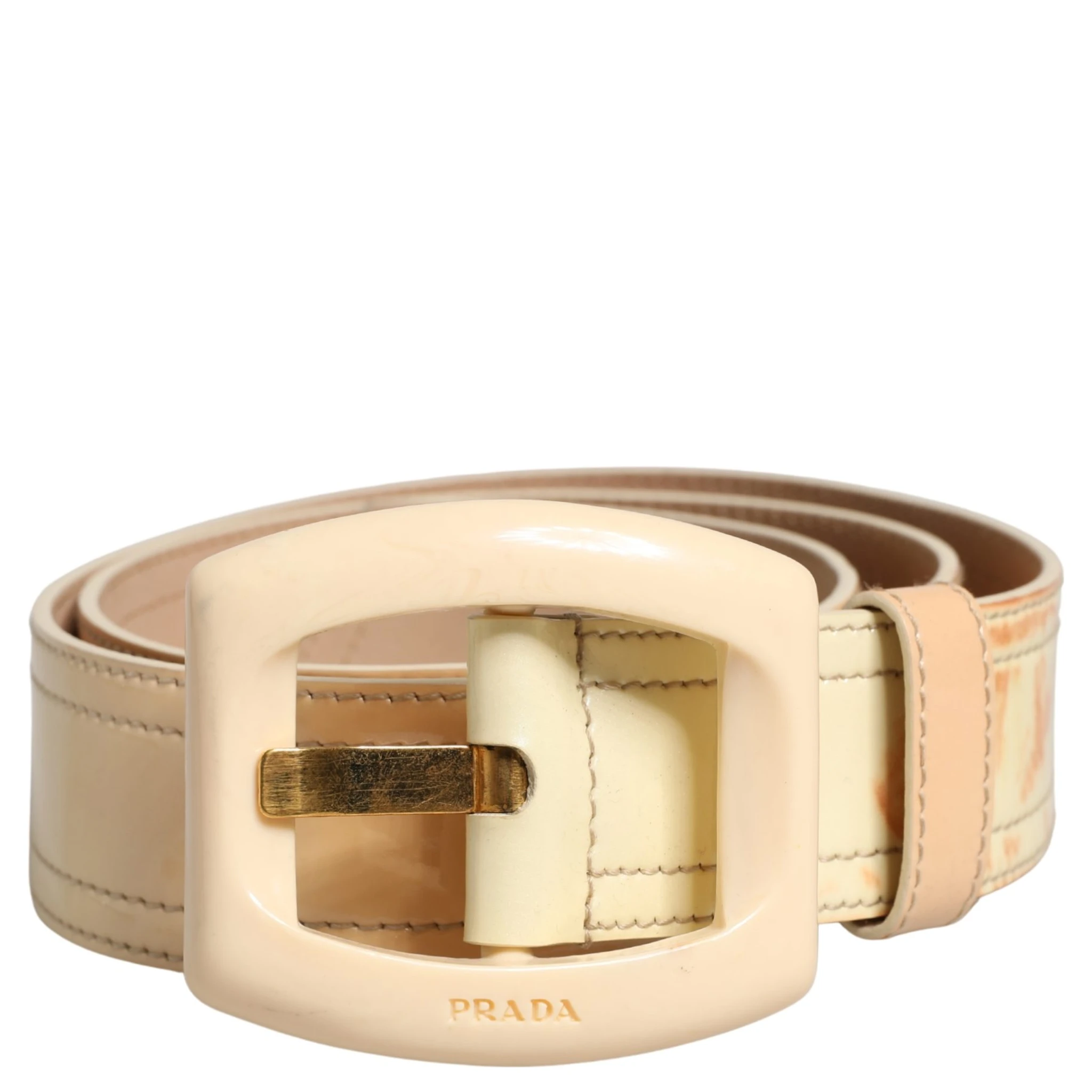 Beige Leather Logo Wide Waist Women Square Buckle Belt