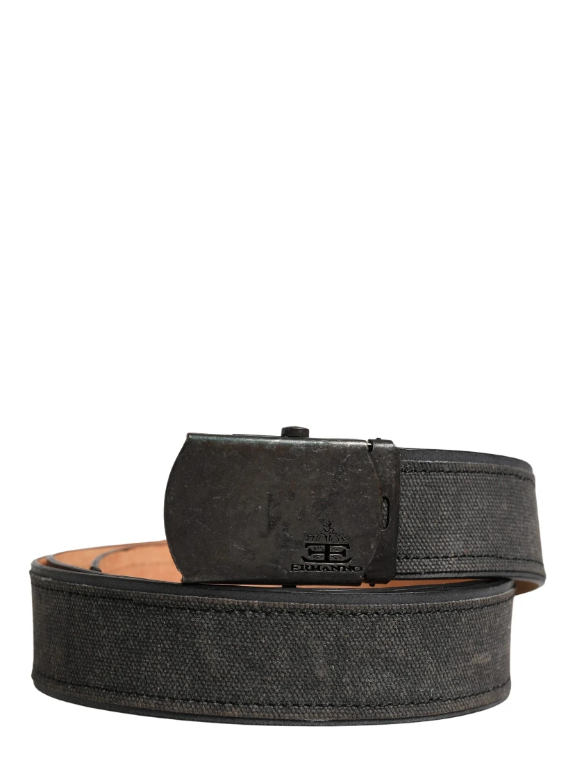 Black Leather Cotton Logo Metal Buckle Belt