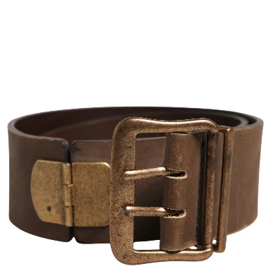 Brown Leather Wide Gold Metal Buckle Belt