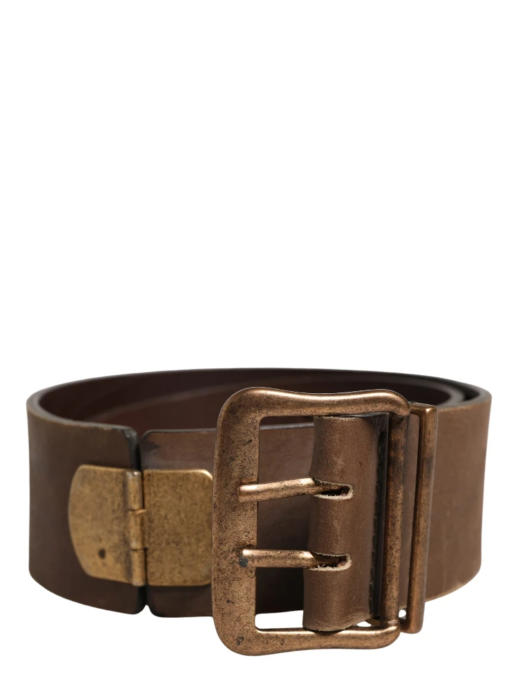 Brown Leather Wide Gold Metal Buckle Belt