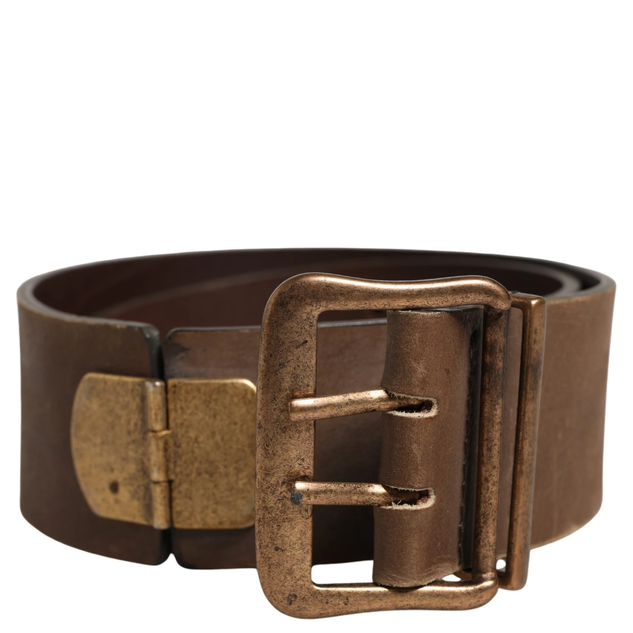 Brown Leather Wide Gold Metal Buckle Belt