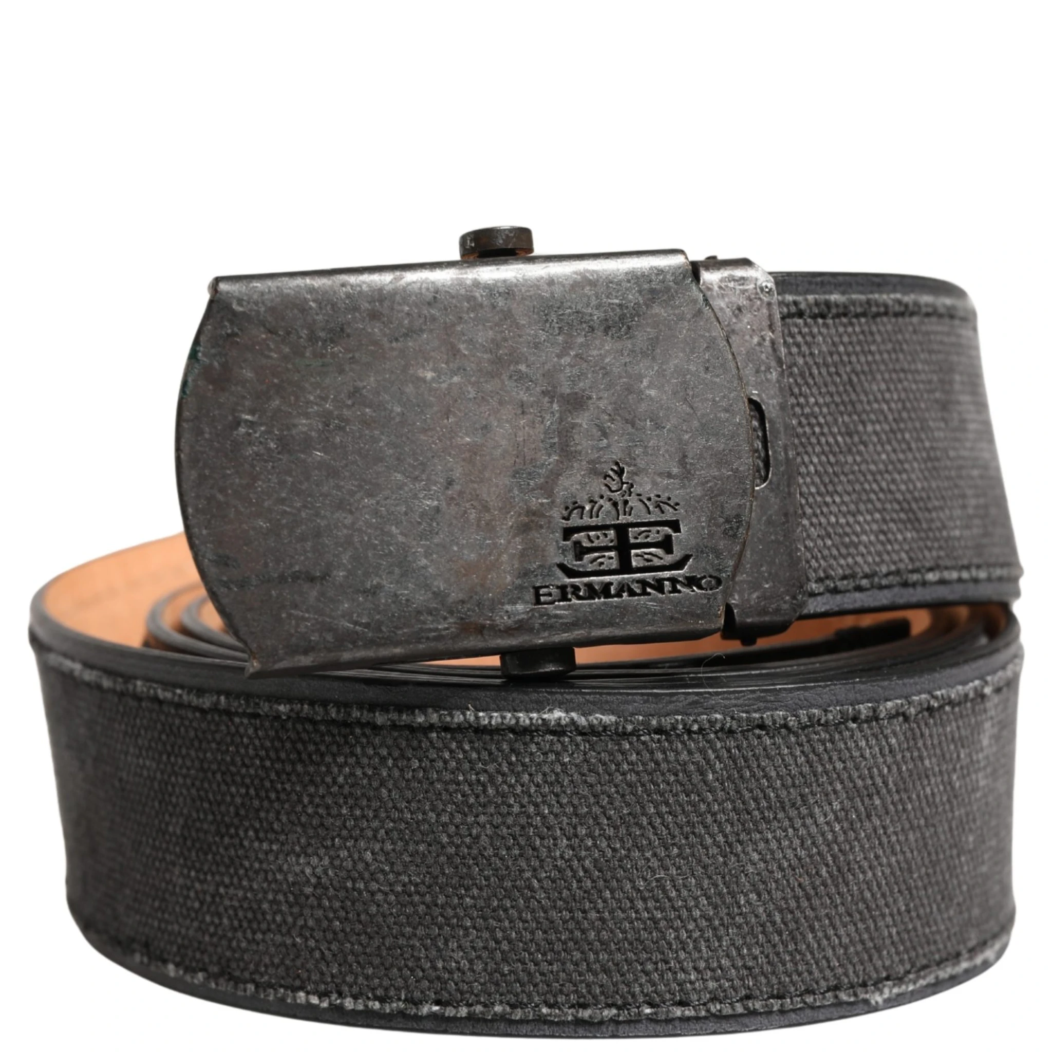 Black Leather Cotton Logo Metal Buckle Belt
