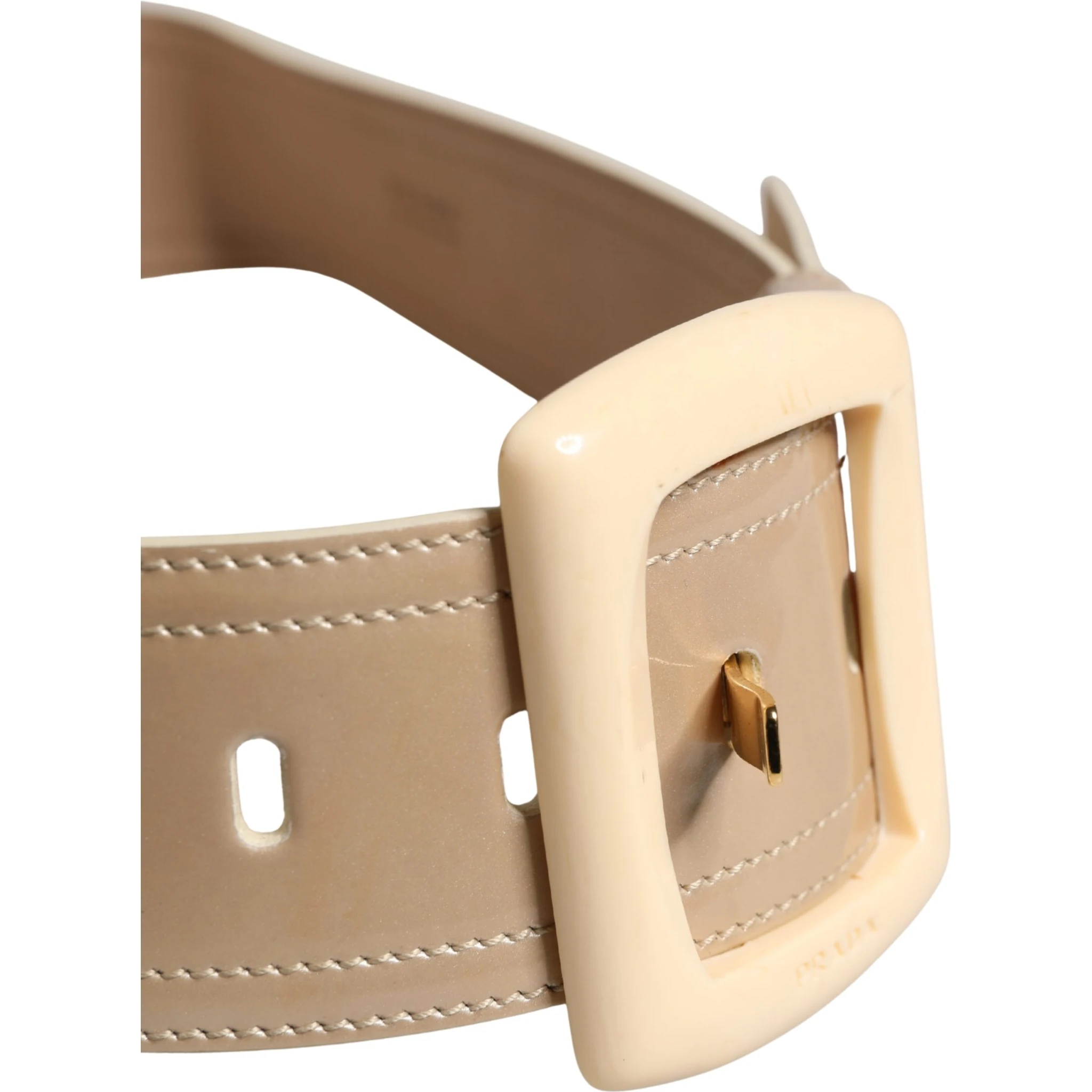 Beige Leather Logo Wide Waist Women Square Buckle Belt