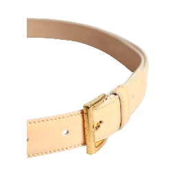 Beige Leather Logo Waist Women Gold Metal Buckle Belt