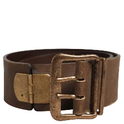 Brown Leather Wide Gold Metal Buckle Belt