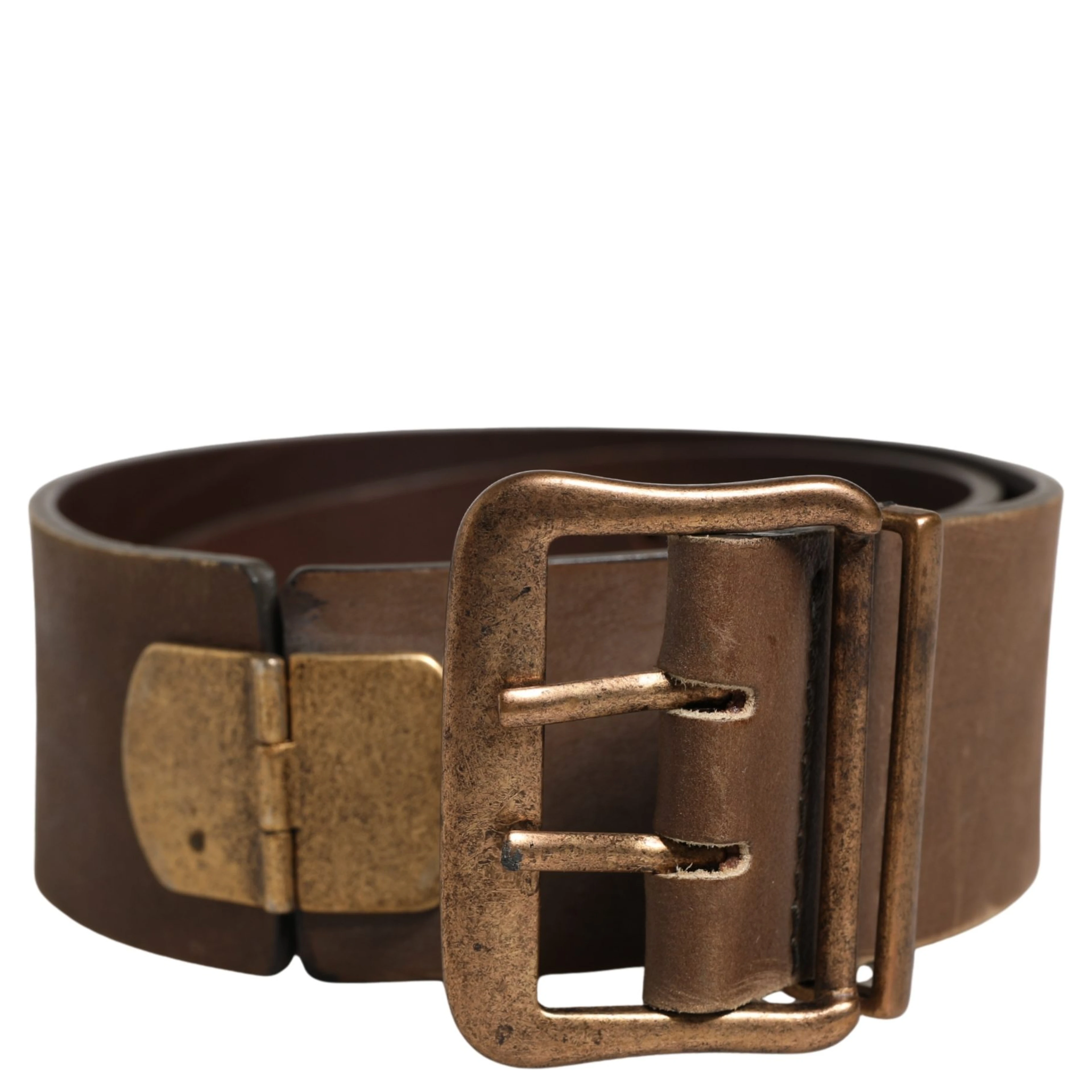 Brown Leather Wide Gold Metal Buckle Belt