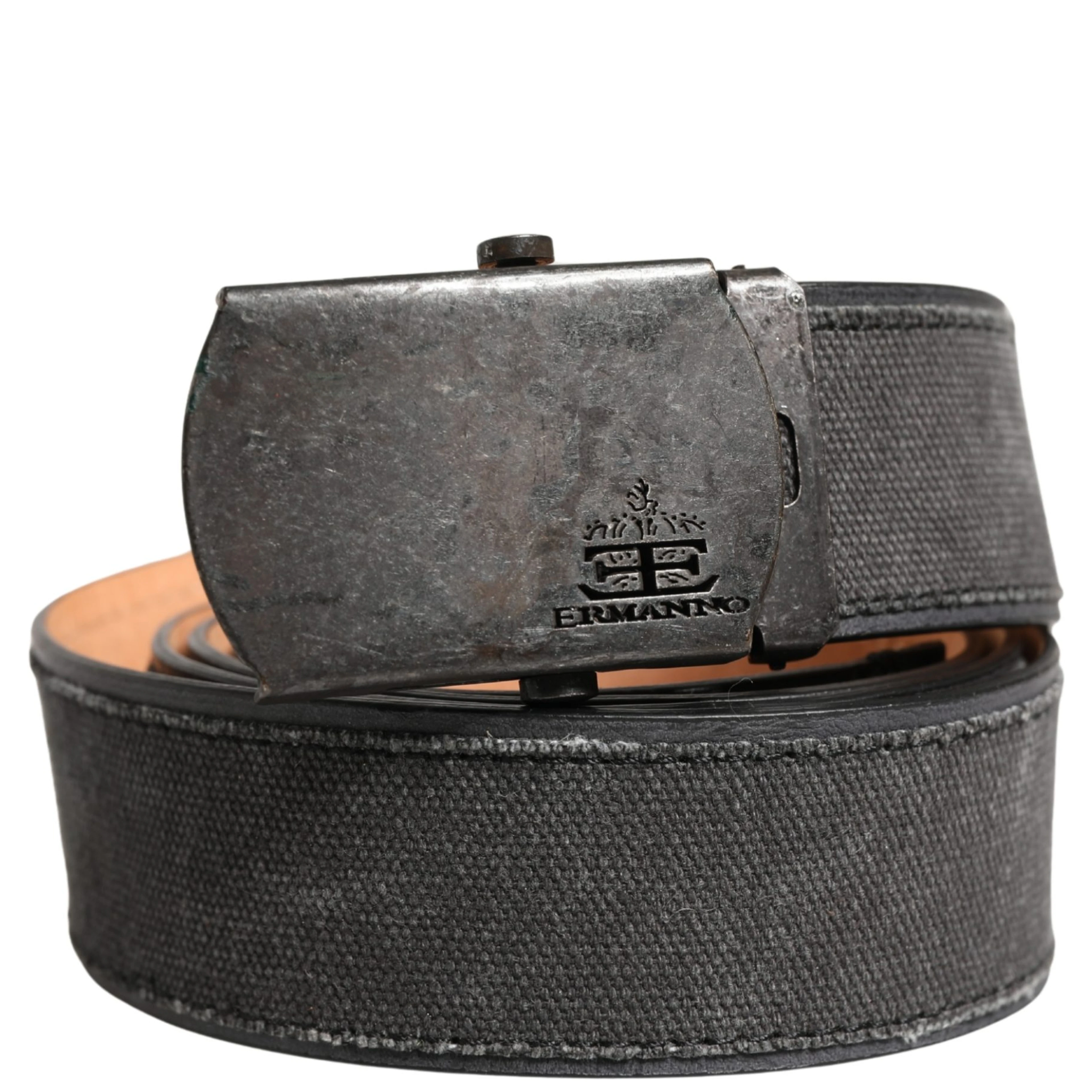 Black Leather Cotton Logo Metal Buckle Belt