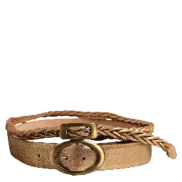 Brown Leather Braided Metal Buckle Belt