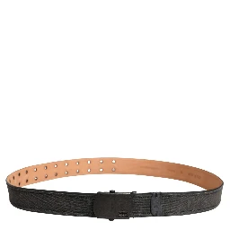 Black Leather Cotton Logo Metal Buckle Belt