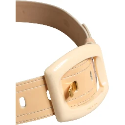 Beige Leather Logo Wide Waist Women Square Buckle Belt