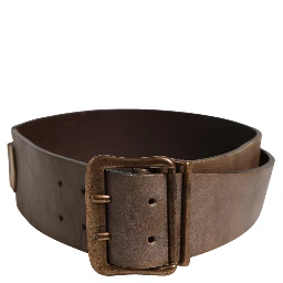 Brown Leather Wide Gold Metal Buckle Belt