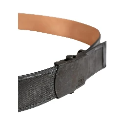Black Leather Cotton Logo Metal Buckle Belt