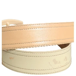 Beige Leather Logo Wide Waist Women Square Buckle Belt