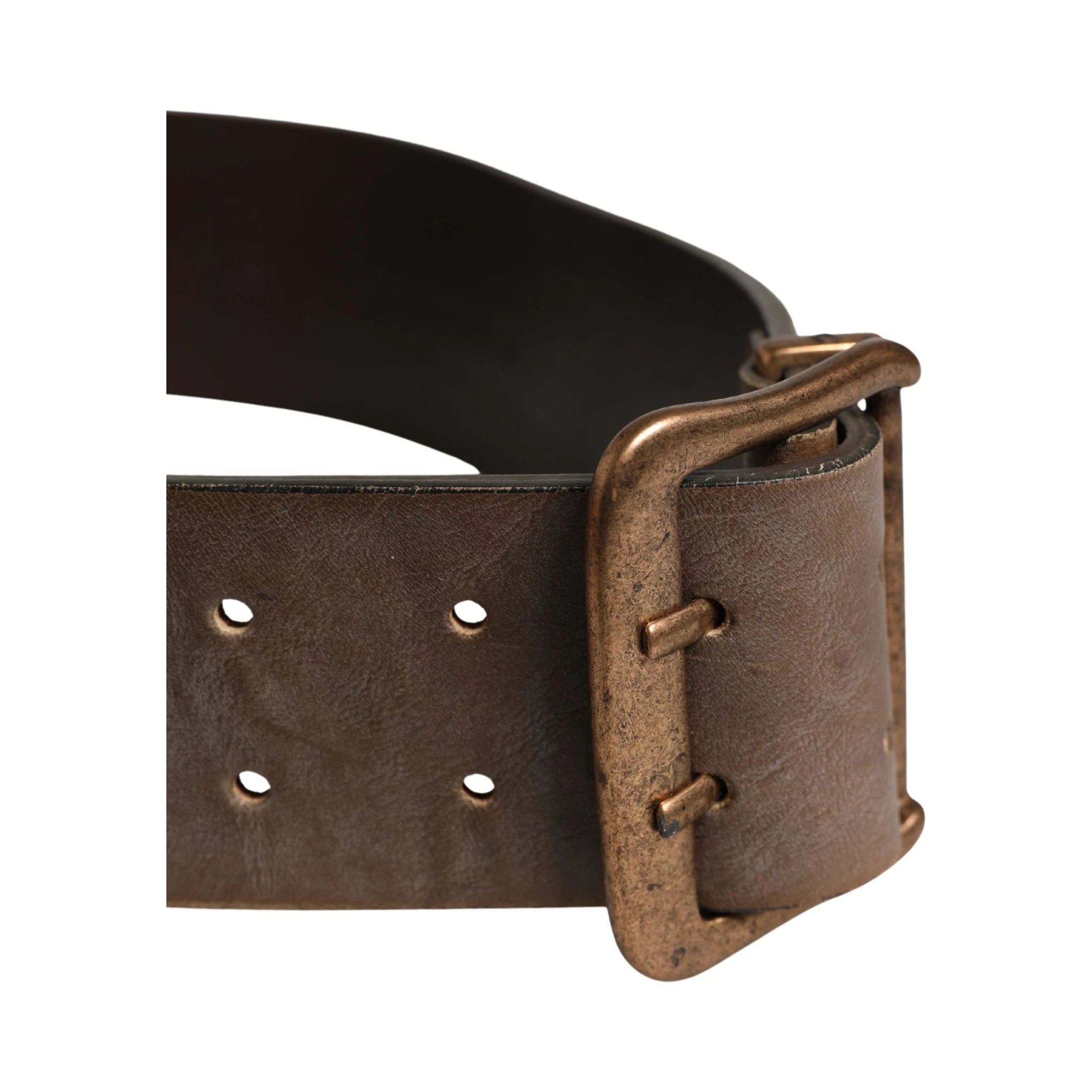Brown Leather Wide Gold Metal Buckle Belt
