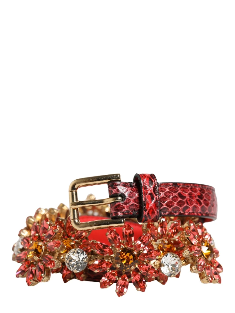 Red Leather Daisy Crystal Embellished Waist Belt