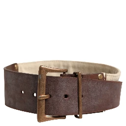 Beige Brown Leather Canvas Metal Buckle Belt