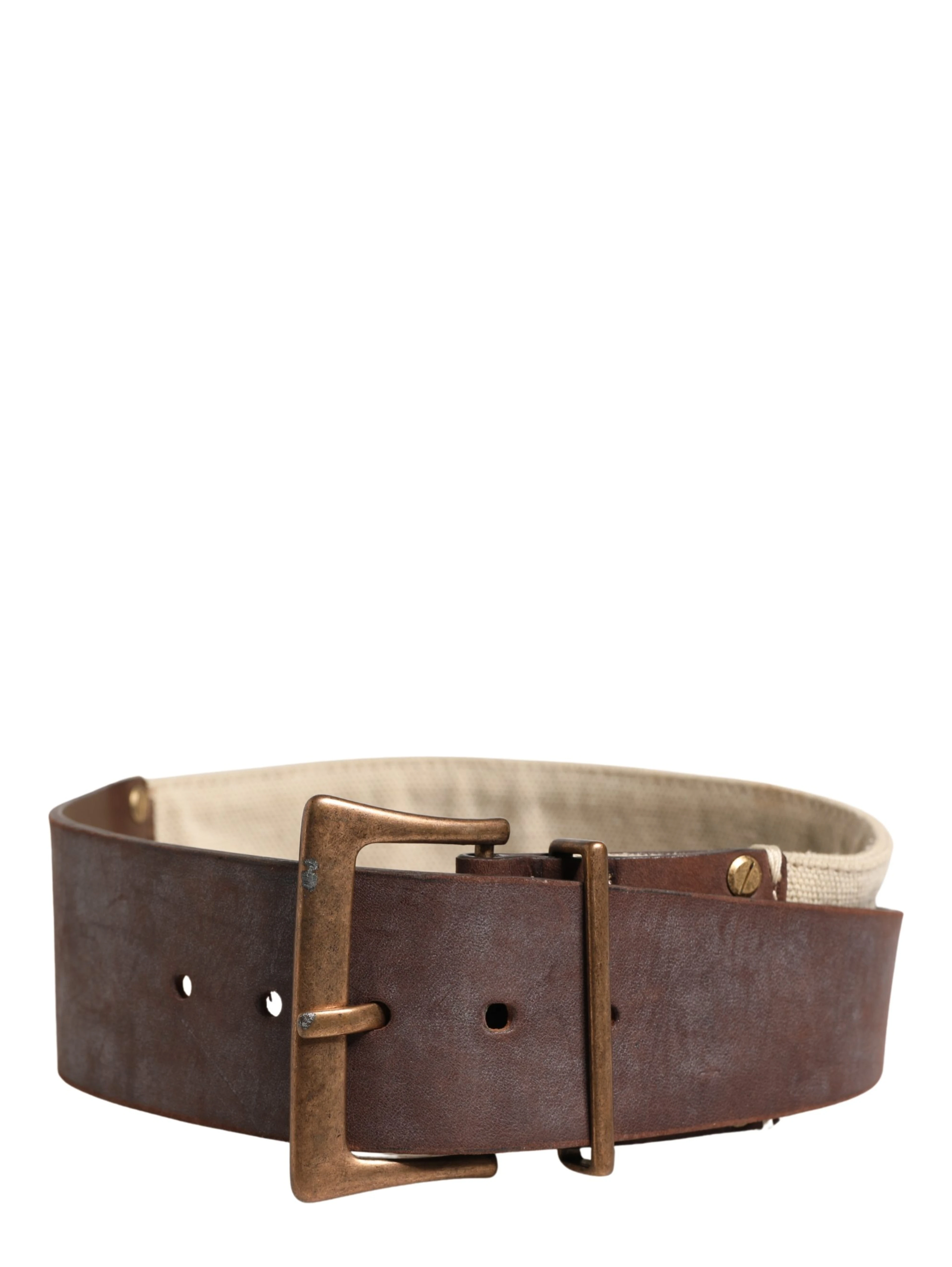 Beige Brown Leather Canvas Metal Buckle Belt