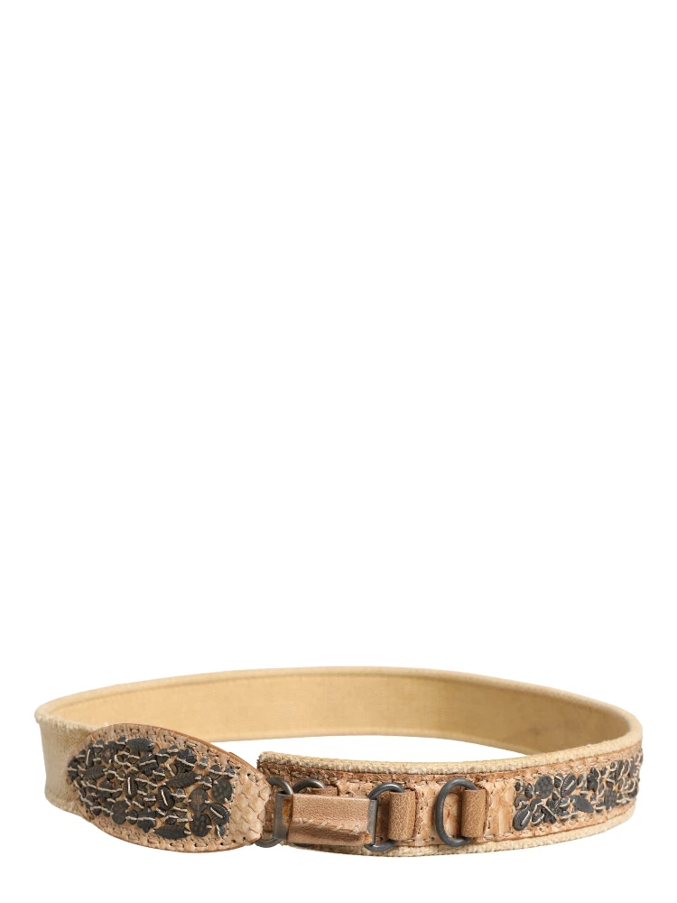 Beige Canvas Embellished Metal Buckle Belt