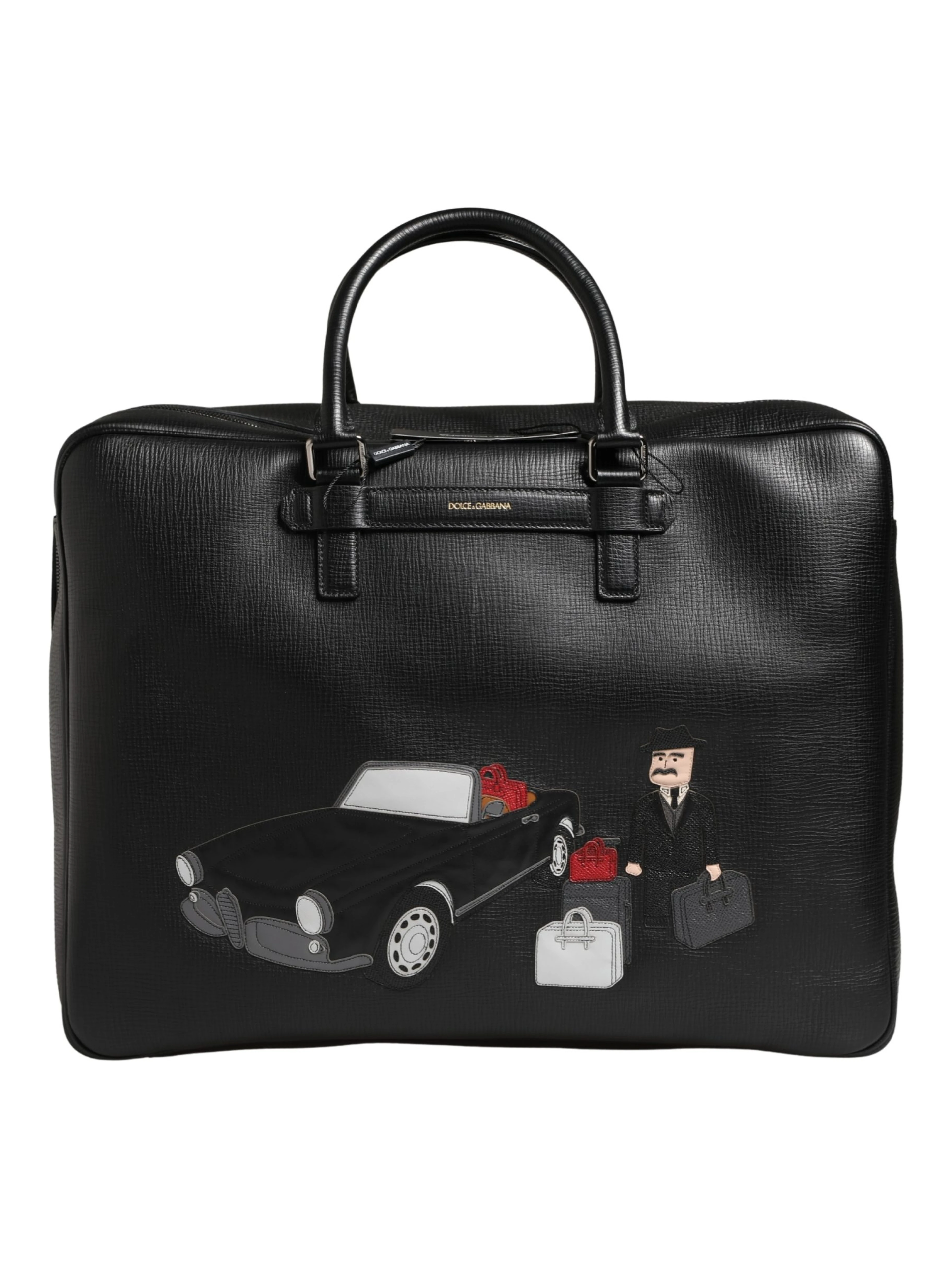Black Car Man Applique Leather Weekender Borse Bag