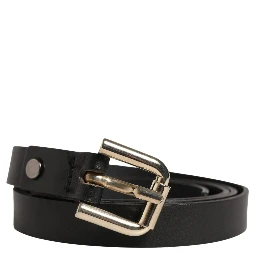 Black Leather Slim Gold Tone Buckle Waist Men Belt