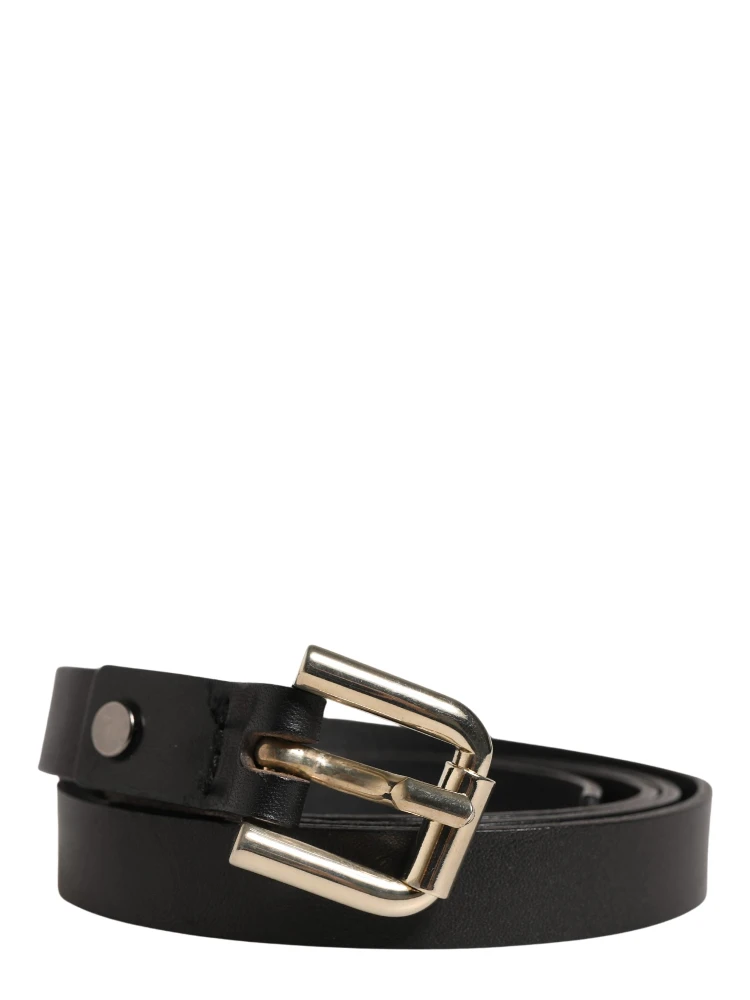 Black Leather Slim Gold Tone Buckle Waist Men Belt