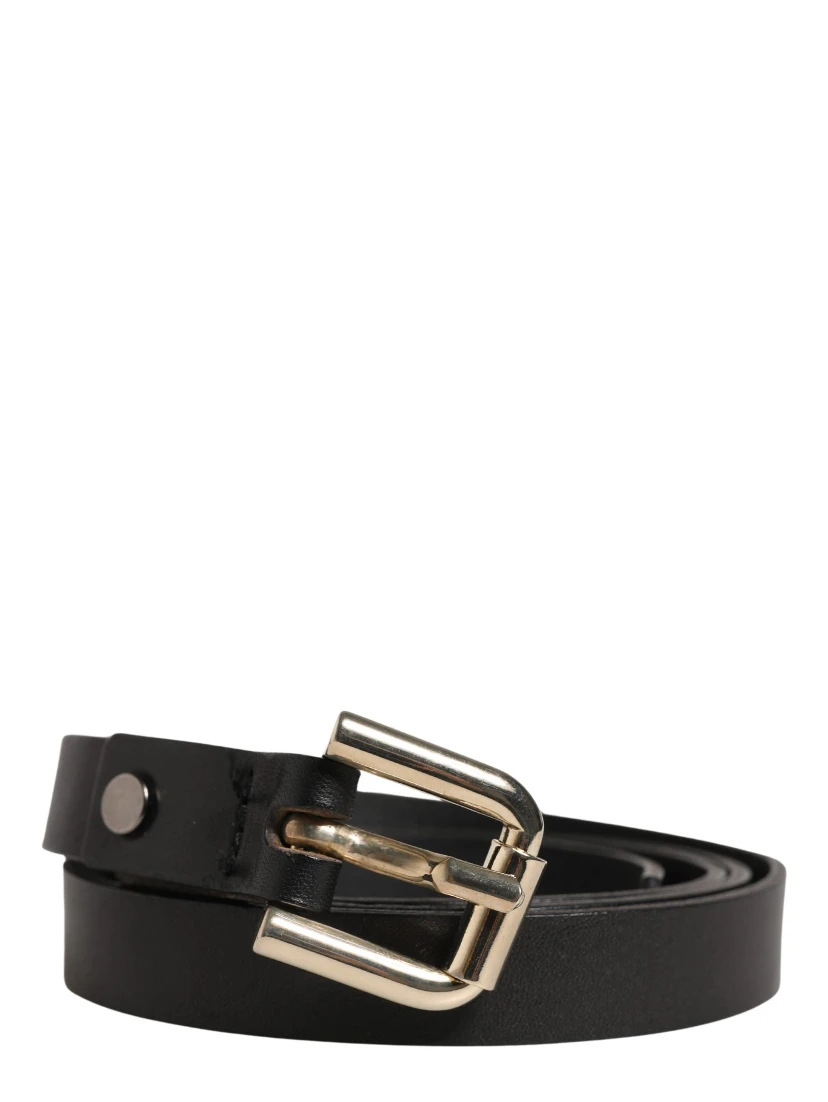 Black Leather Slim Gold Tone Buckle Waist Men Belt