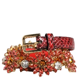 Red Leather Daisy Crystal Embellished Waist Belt