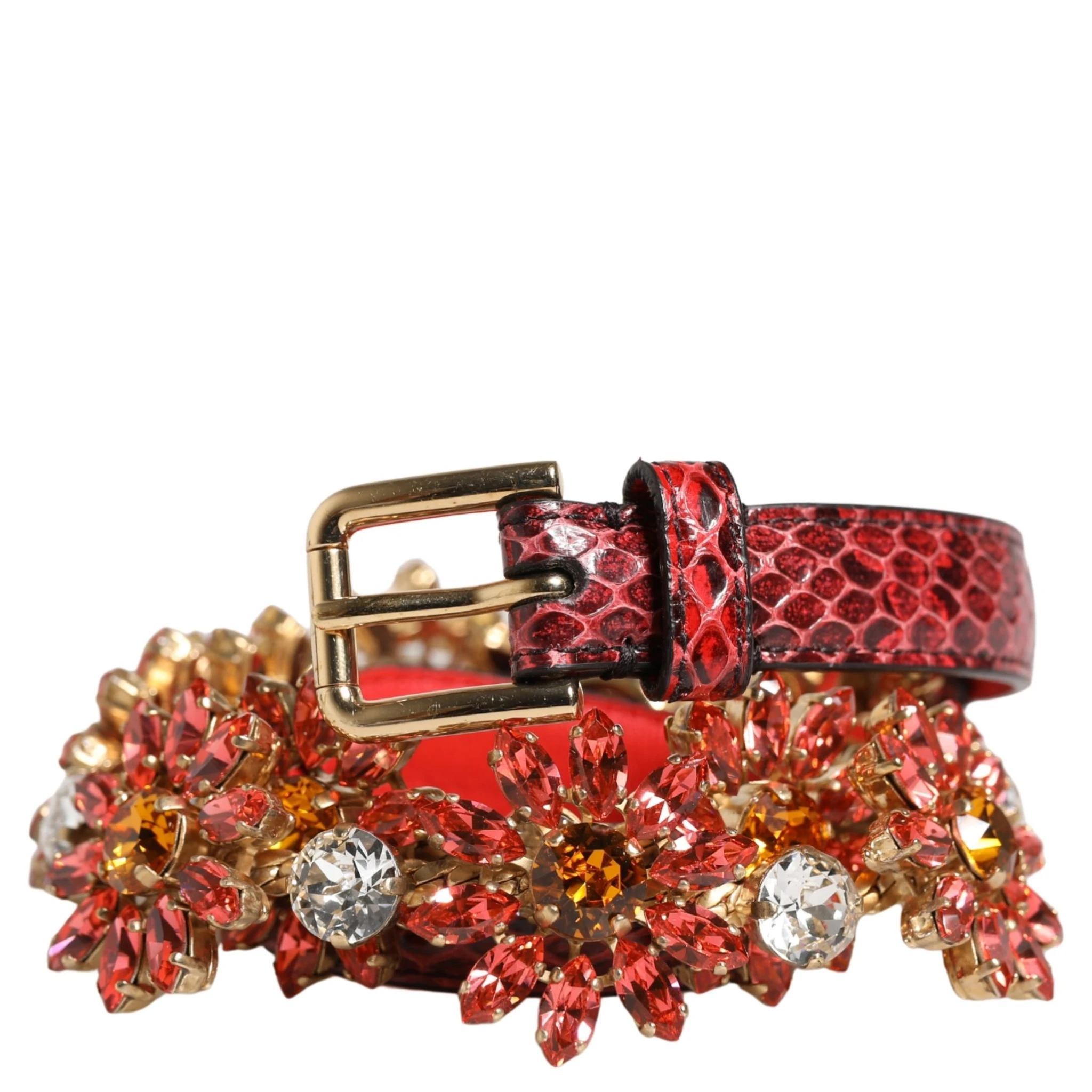 Red Leather Daisy Crystal Embellished Waist Belt