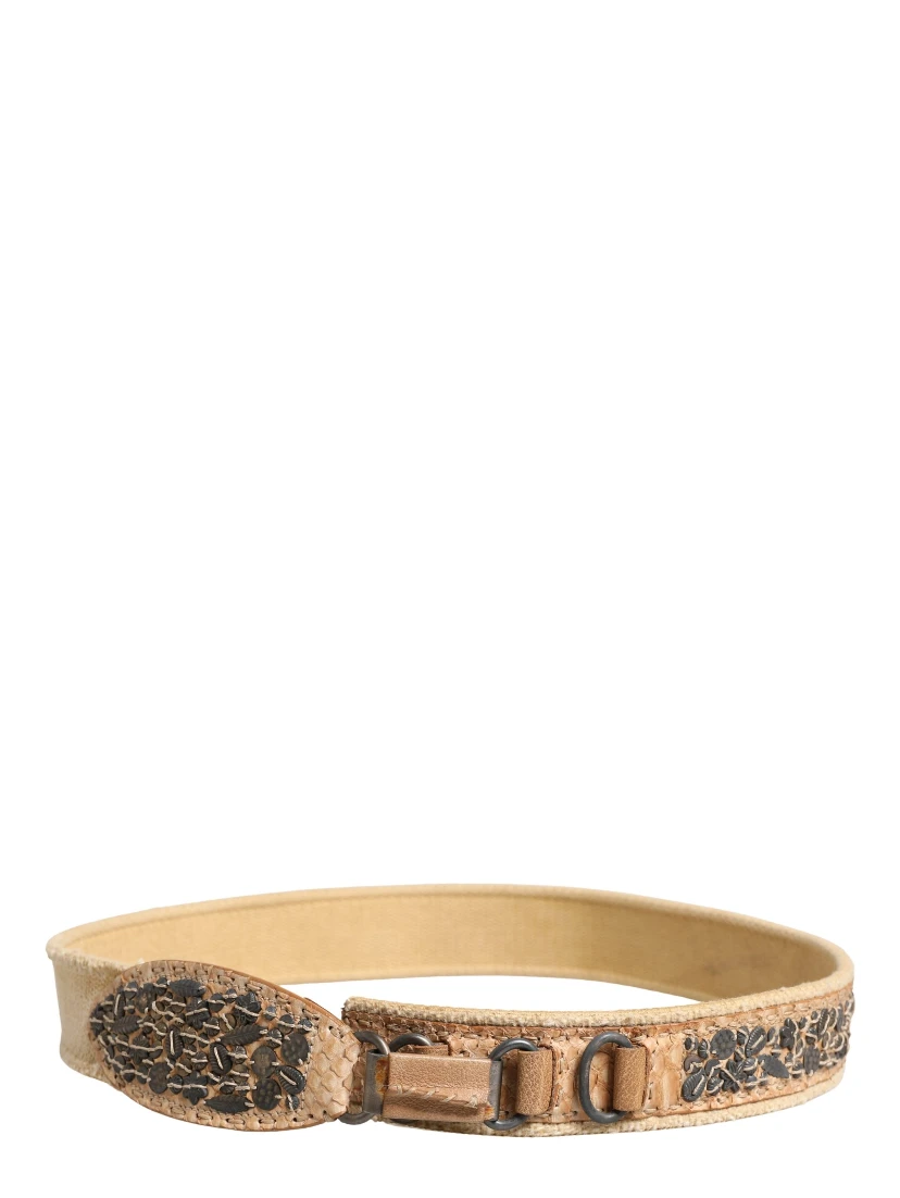 Beige Canvas Embellished Metal Buckle Belt
