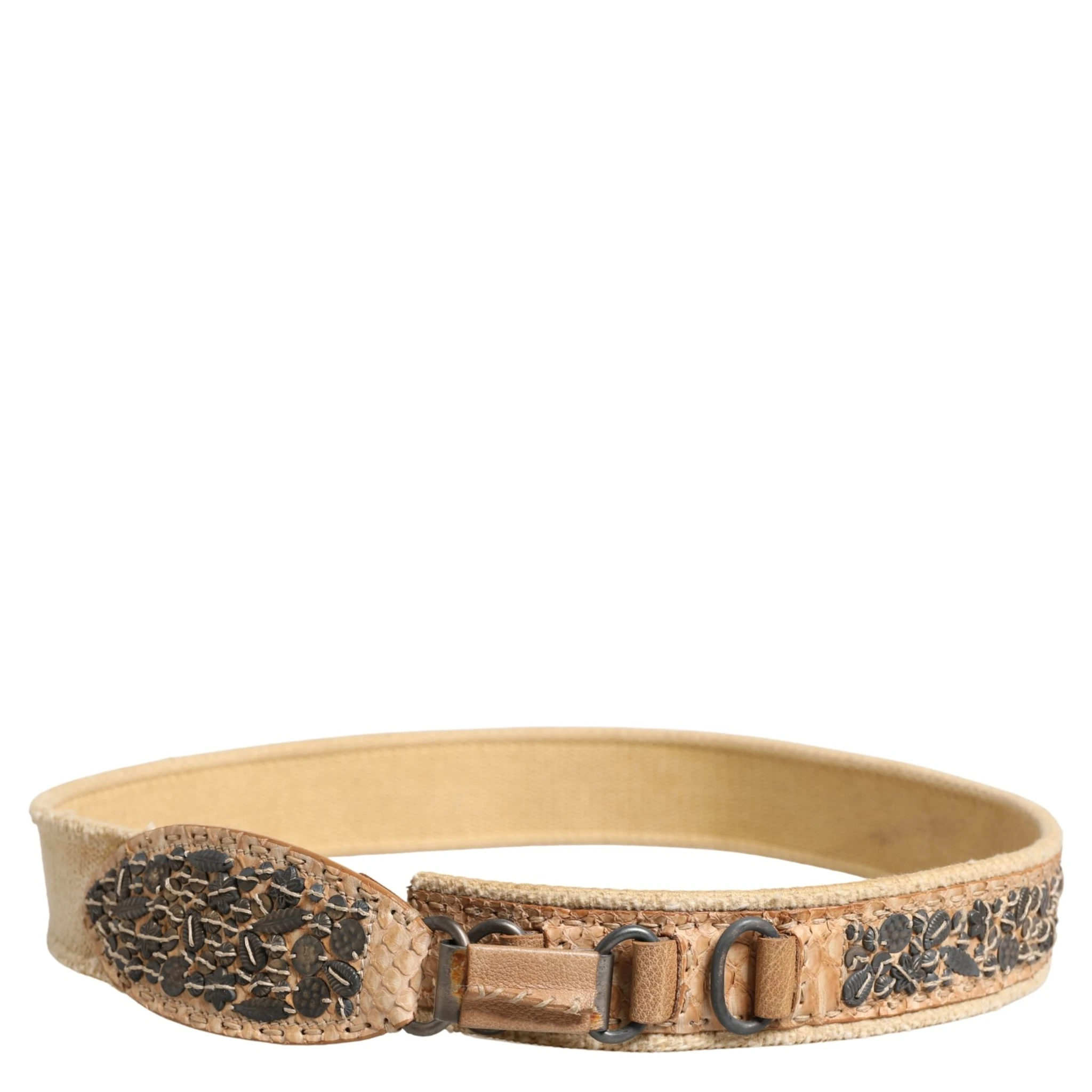 Beige Canvas Embellished Metal Buckle Belt