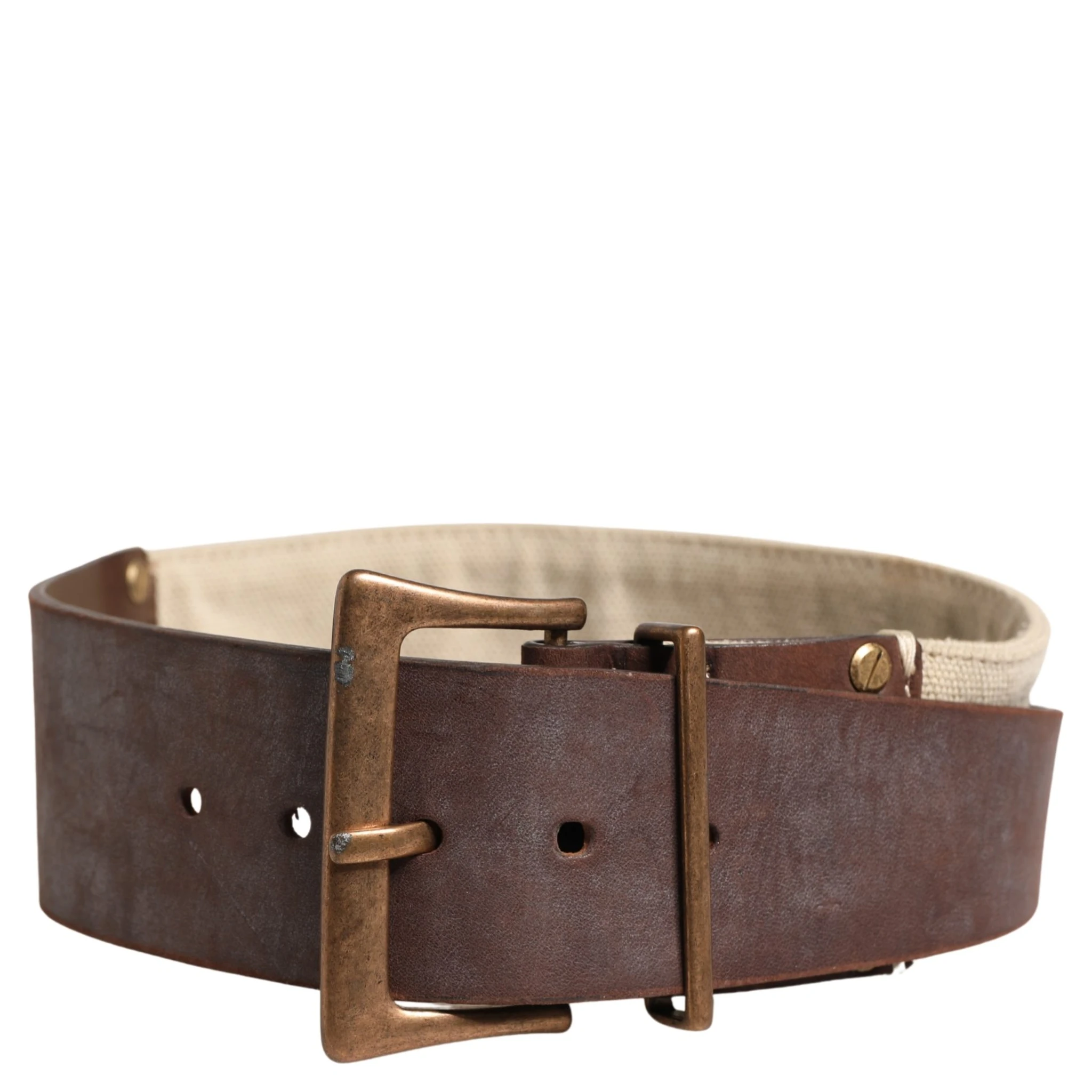 Beige Brown Leather Canvas Metal Buckle Belt